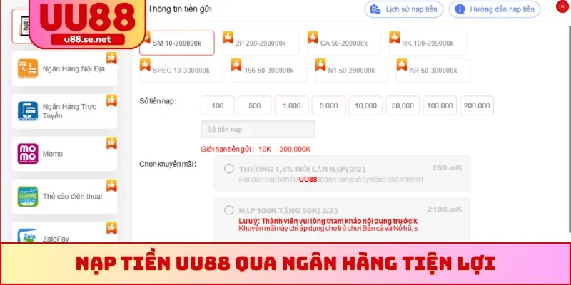 Nạp tiền UU88 qua ngân hàng tiện lợi